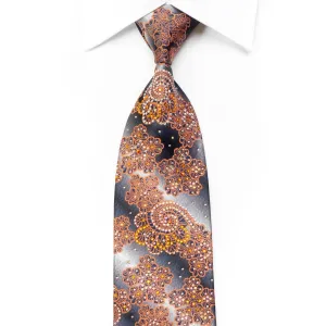 Daniel Hechter Men's Rhinestone Silk Necktie Orange Paisley Anthemion On Silver