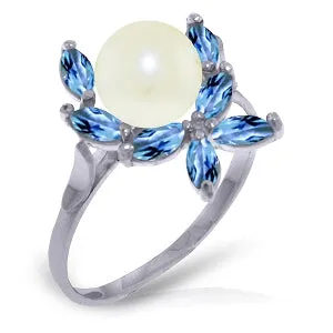 2.65 Carat 14K Solid White Gold Ring Natural Blue Topaz Pearl