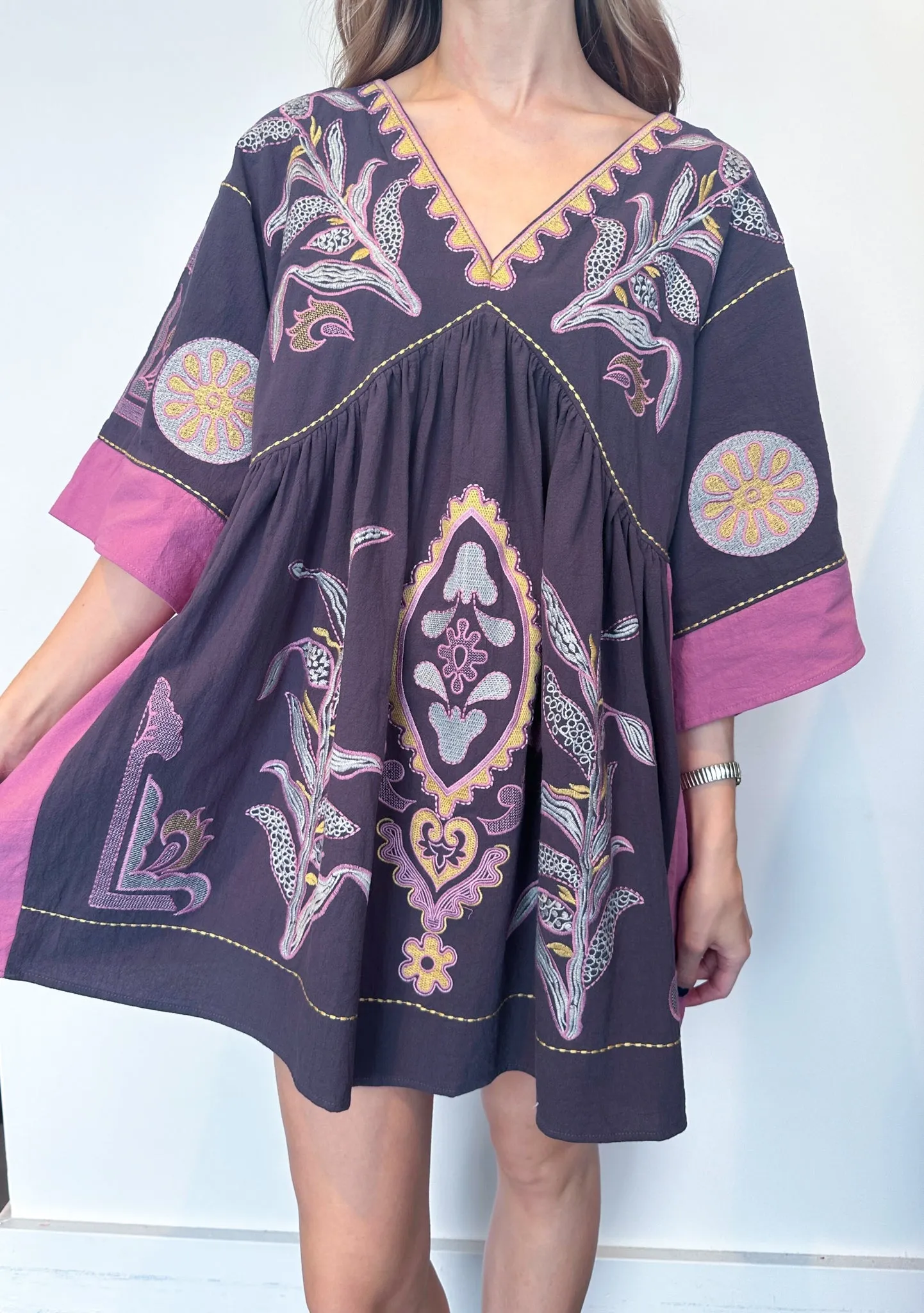 Be Free Embroidered Dress - Navy/Mauve