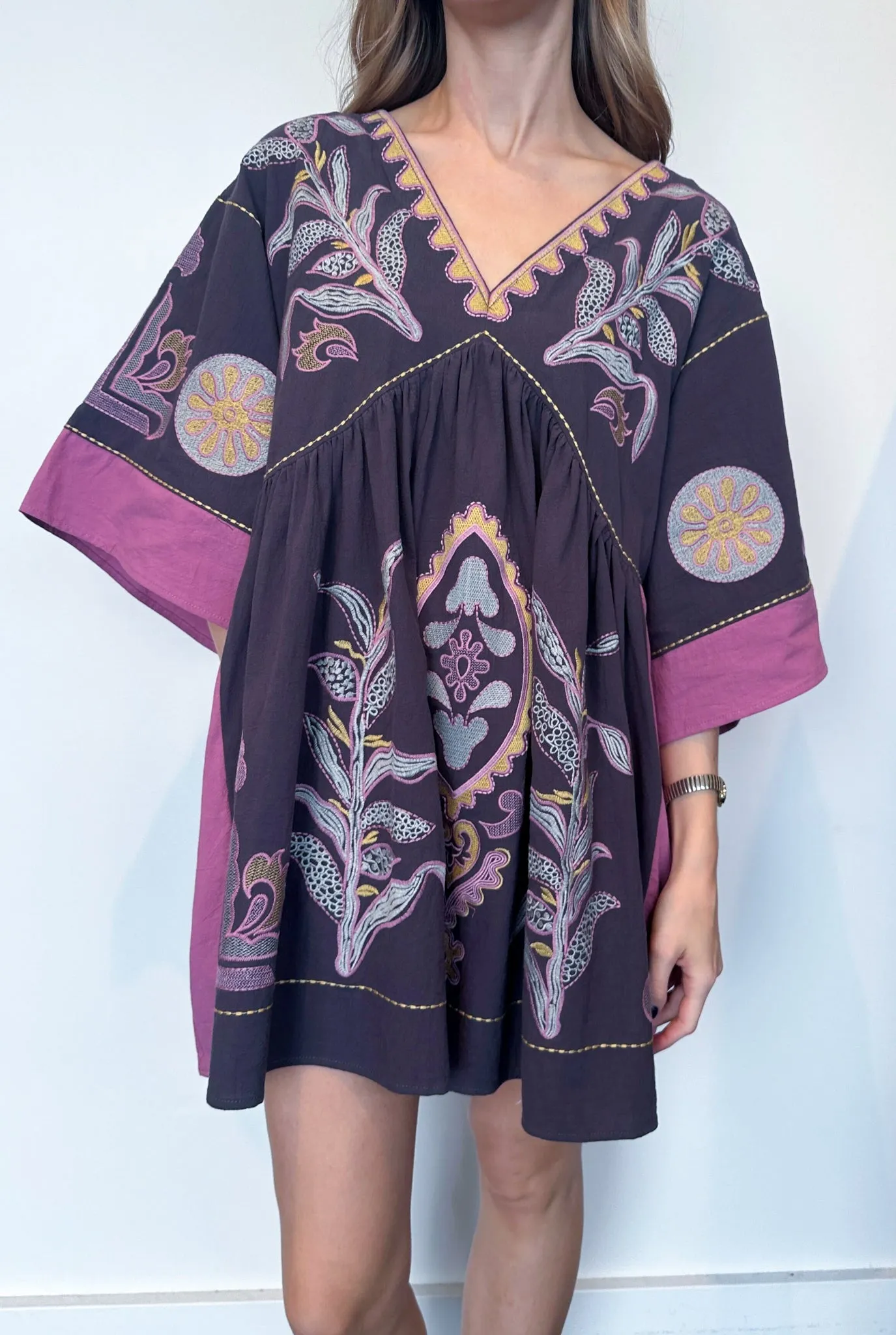 Be Free Embroidered Dress - Navy/Mauve