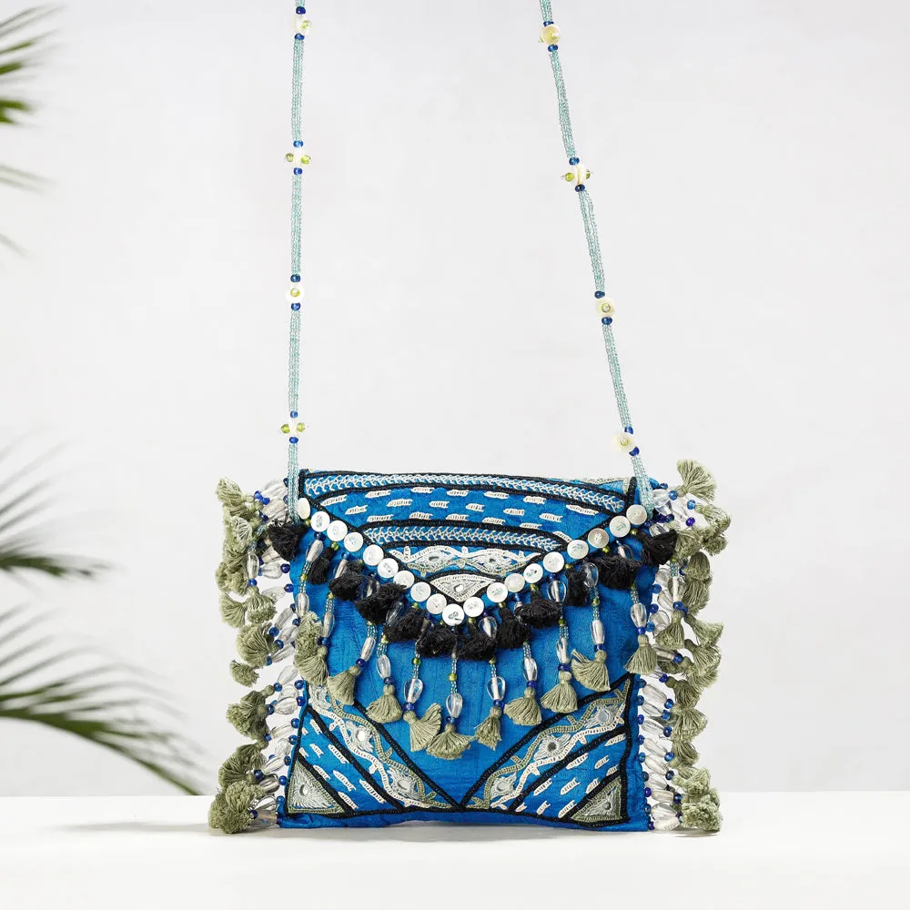 Blue - Kala Raksha Rabari Hand Embroidered Dupion Silk Sling Bag