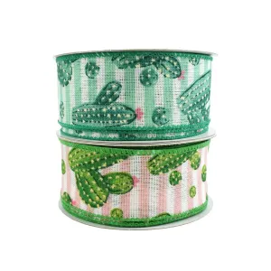 Cactus and Stripes Linen Wired Ribbon, 10-yard