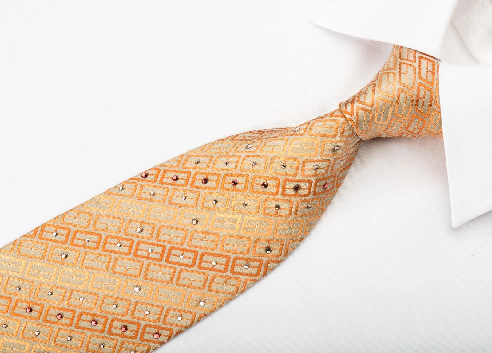 Charles Jourdan Silk Rhinestone Necktie Orange Geometric Striped With Sparkles