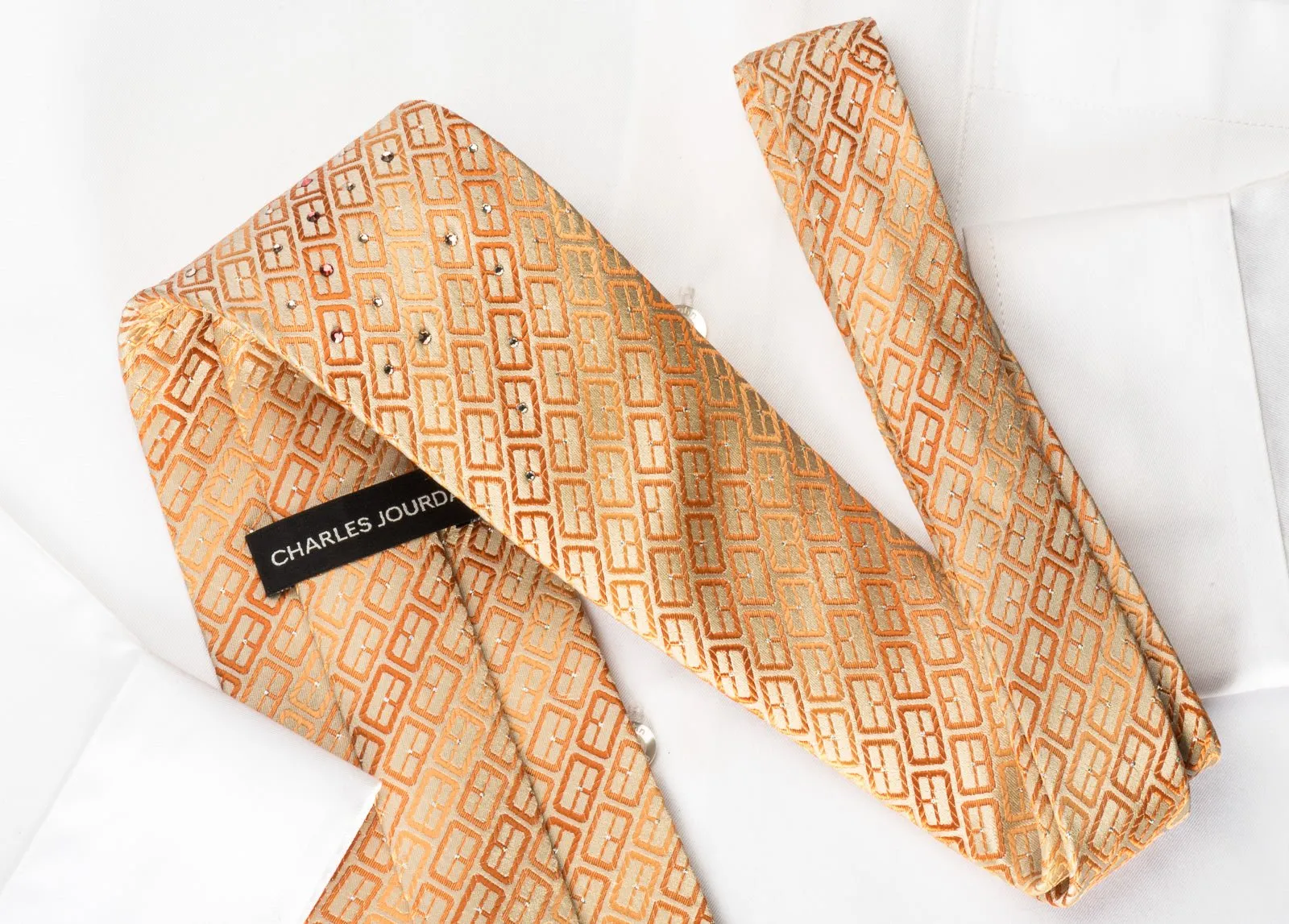 Charles Jourdan Silk Rhinestone Necktie Orange Geometric Striped With Sparkles