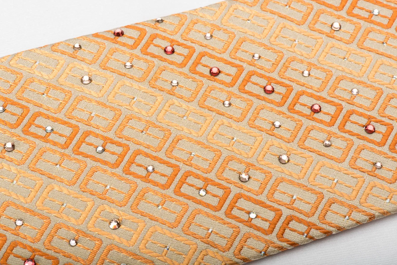 Charles Jourdan Silk Rhinestone Necktie Orange Geometric Striped With Sparkles