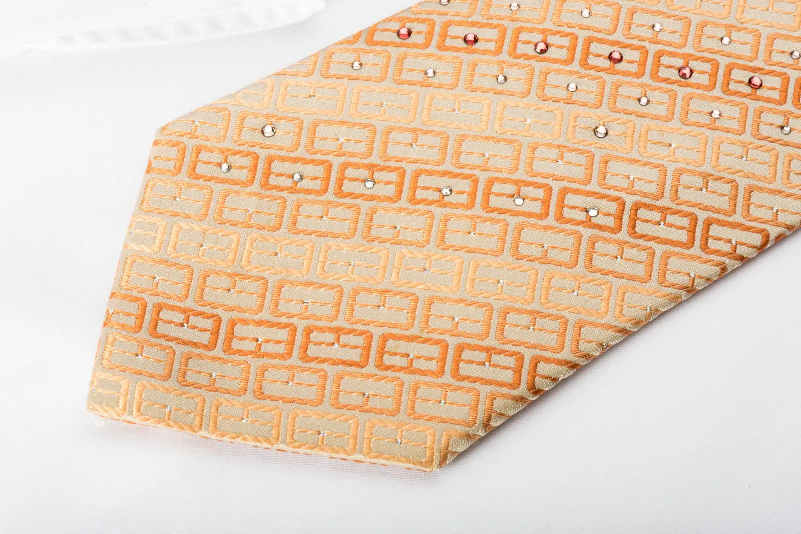 Charles Jourdan Silk Rhinestone Necktie Orange Geometric Striped With Sparkles