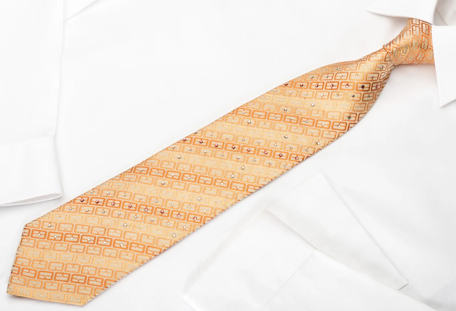 Charles Jourdan Silk Rhinestone Necktie Orange Geometric Striped With Sparkles