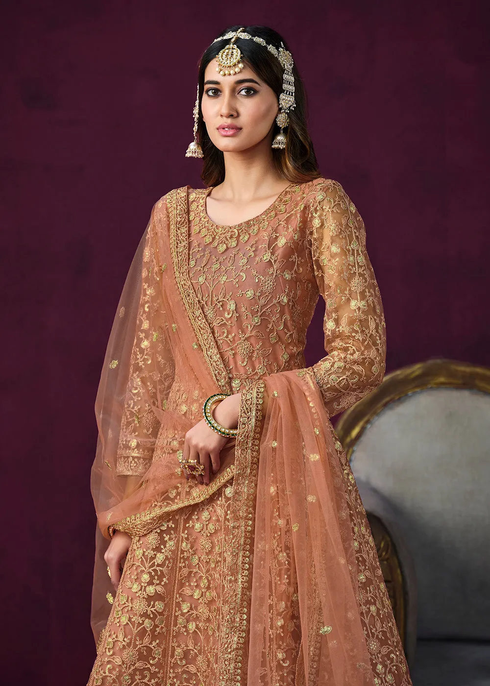 Charming Orange Embroidered Net Floor Length Anarkali Suit