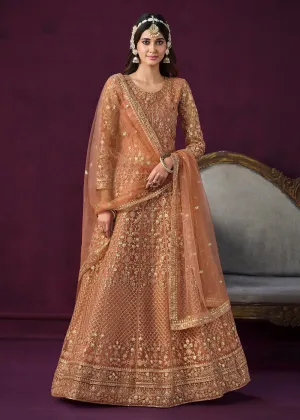 Charming Orange Embroidered Net Floor Length Anarkali Suit