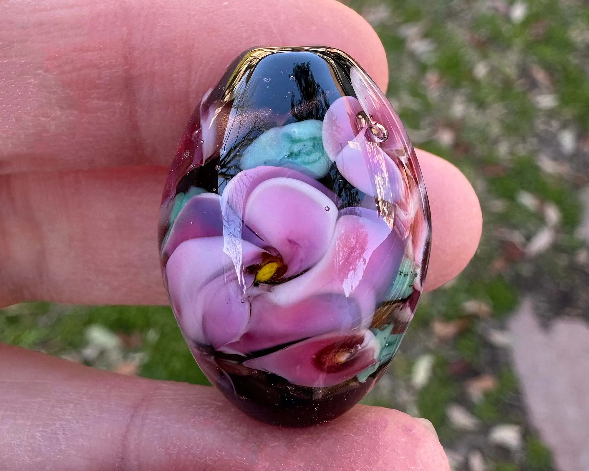 Charming Pink Floral Lampwork Focal Bead SRA