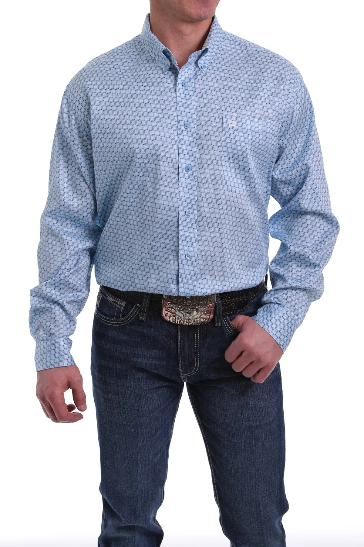 Cinch Mens Light Blue and White Geometric Print L/S Shirt