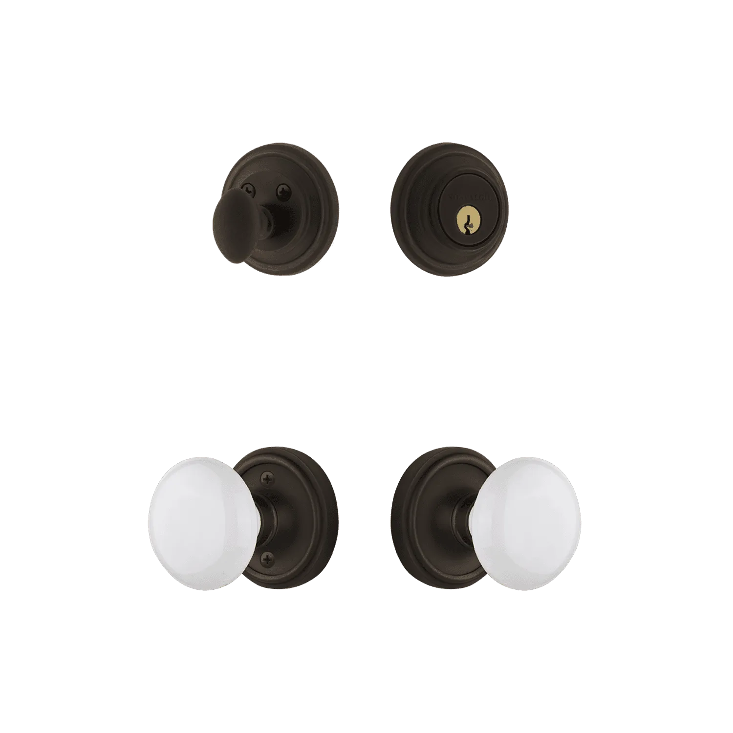 Classic Rosette Entry Set with White Porcelain Knob in Oil-Rubbed Bronze