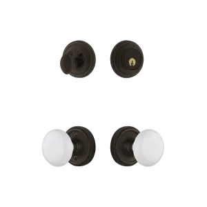 Classic Rosette Entry Set with White Porcelain Knob in Oil-Rubbed Bronze