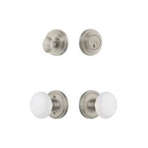 Classic Rosette Entry Set with White Porcelain Knob in Satin Nickel