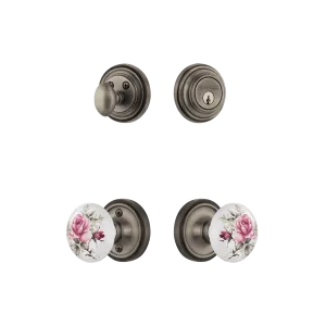 Classic Rosette Entry Set with White Rose Porcelain Knob in Antique Pewter