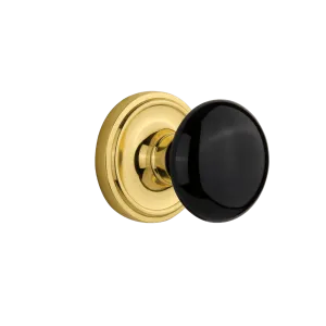 Classic Rosette with Black Porcelain Knob in Polished Brass