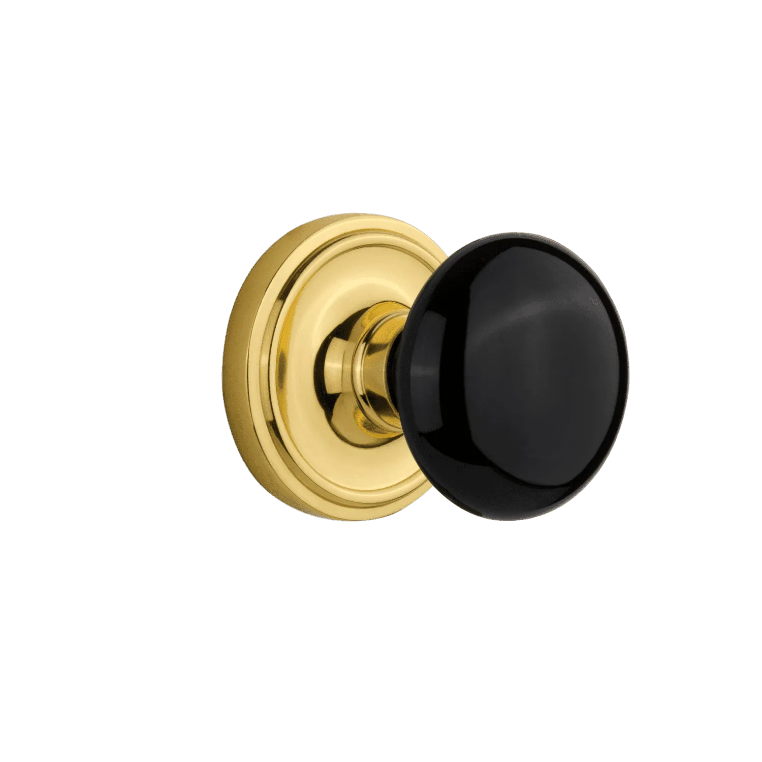 Classic Rosette with Black Porcelain Knob in Polished Brass