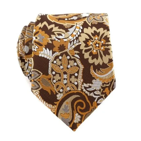 Classy Men Brown Orange Floral Silk Tie