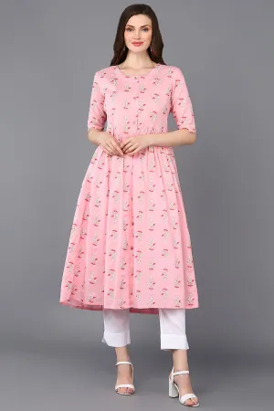 Cotton Pink Printed Flared Kurta