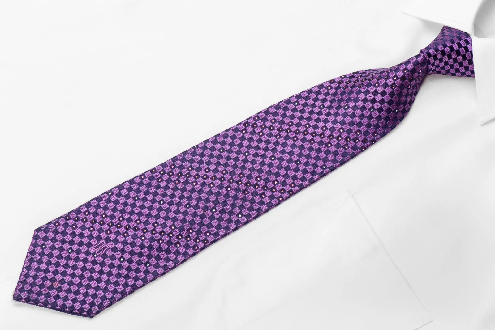 Daks Men's Crystal Silk Necktie Purple Checkered With Purple Sparkles