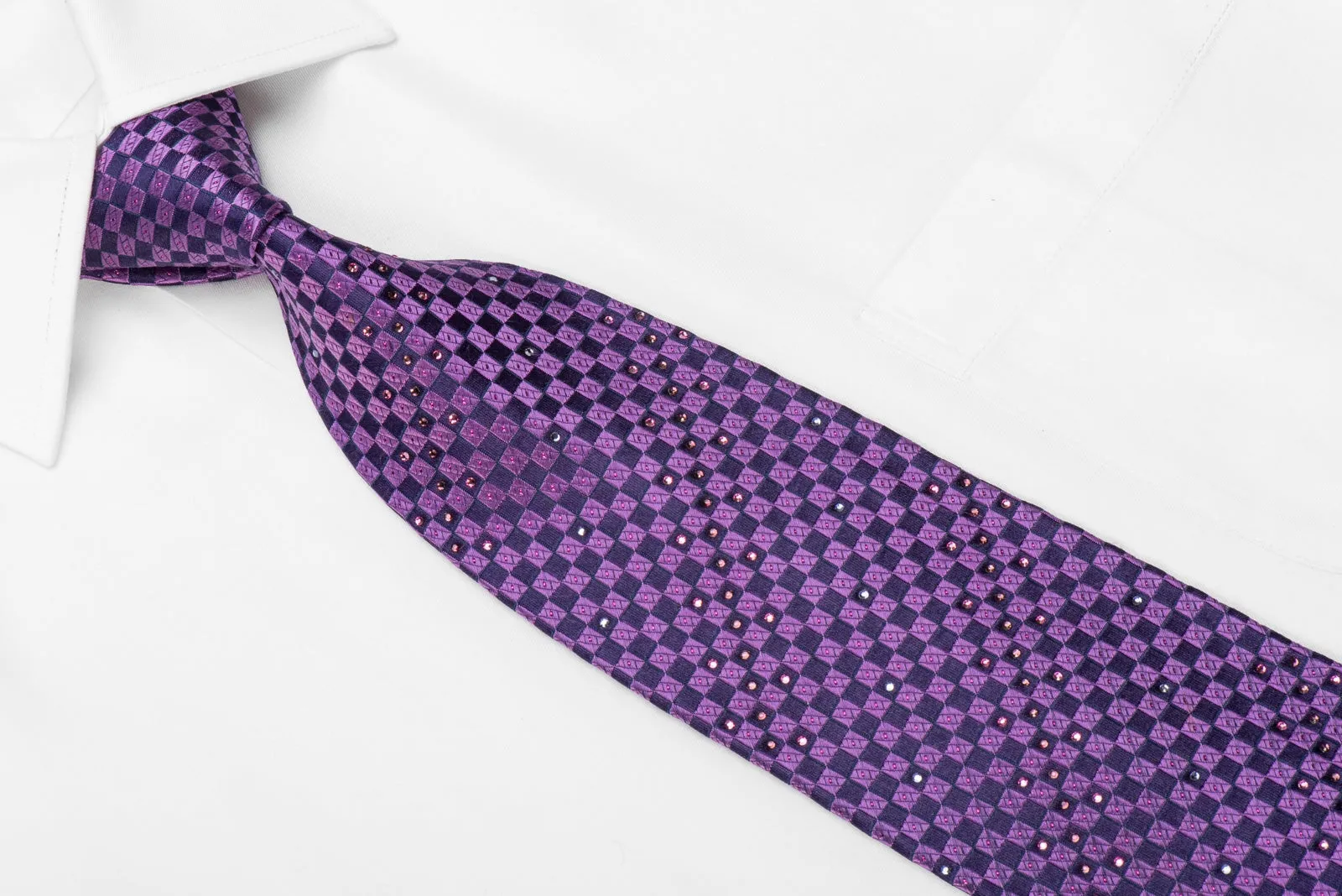 Daks Men's Crystal Silk Necktie Purple Checkered With Purple Sparkles