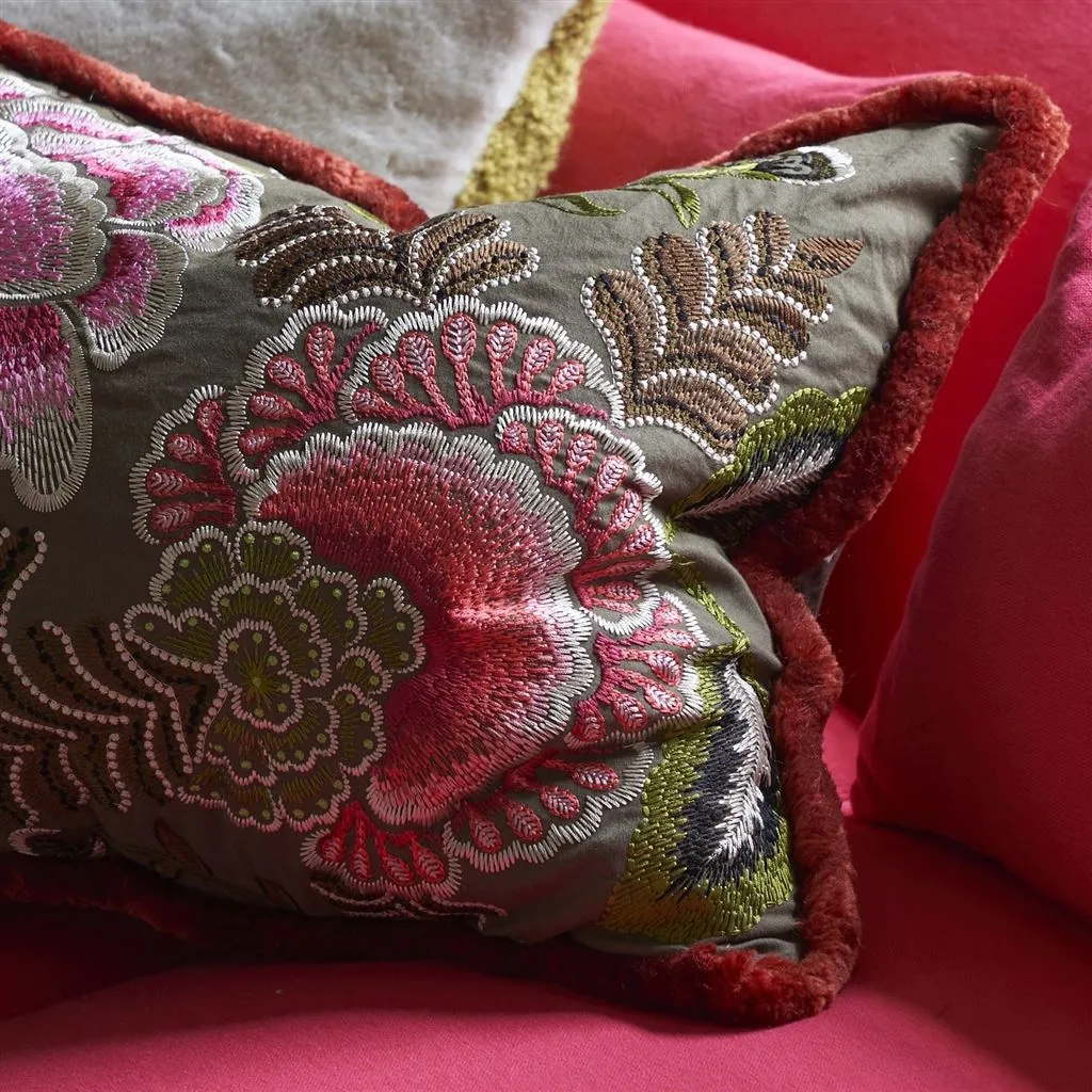 Designers Guild Rose De Damas Embroidered Cranberry Decorative Pillow