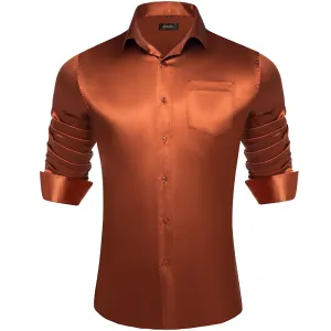 DiBanGu Long Sleeve Shirt Burnt Orange Solid Satin Mens Dress Shirt