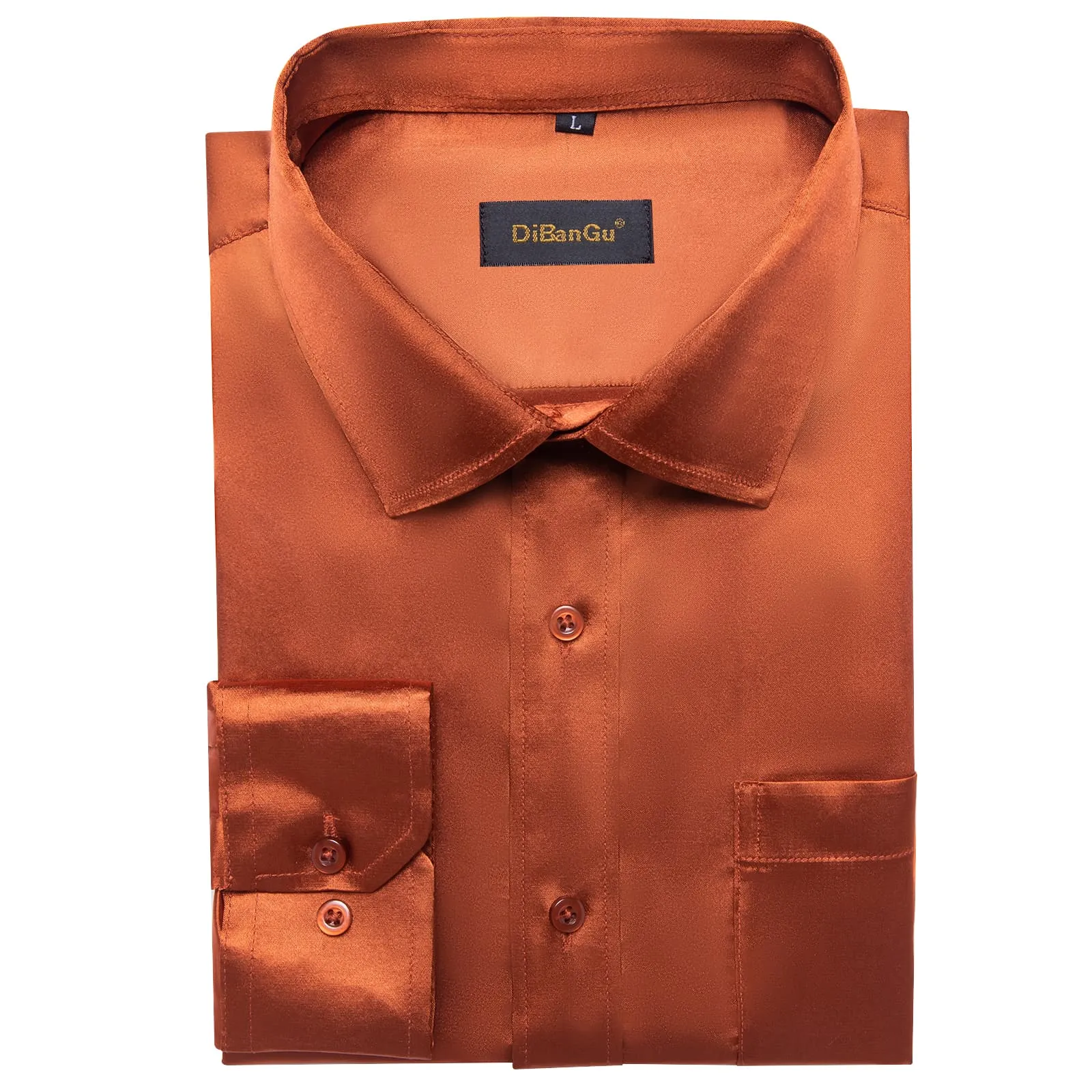 DiBanGu Long Sleeve Shirt Burnt Orange Solid Satin Mens Dress Shirt