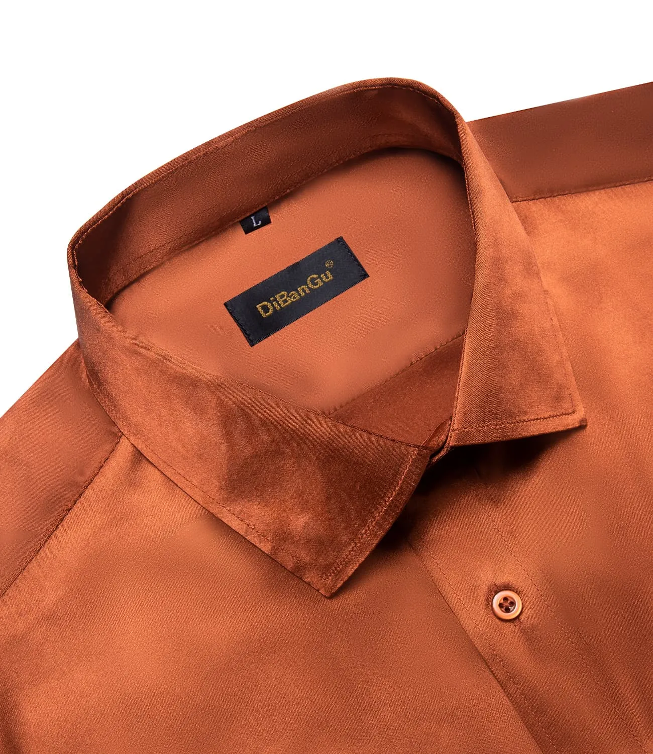 DiBanGu Long Sleeve Shirt Burnt Orange Solid Satin Mens Dress Shirt