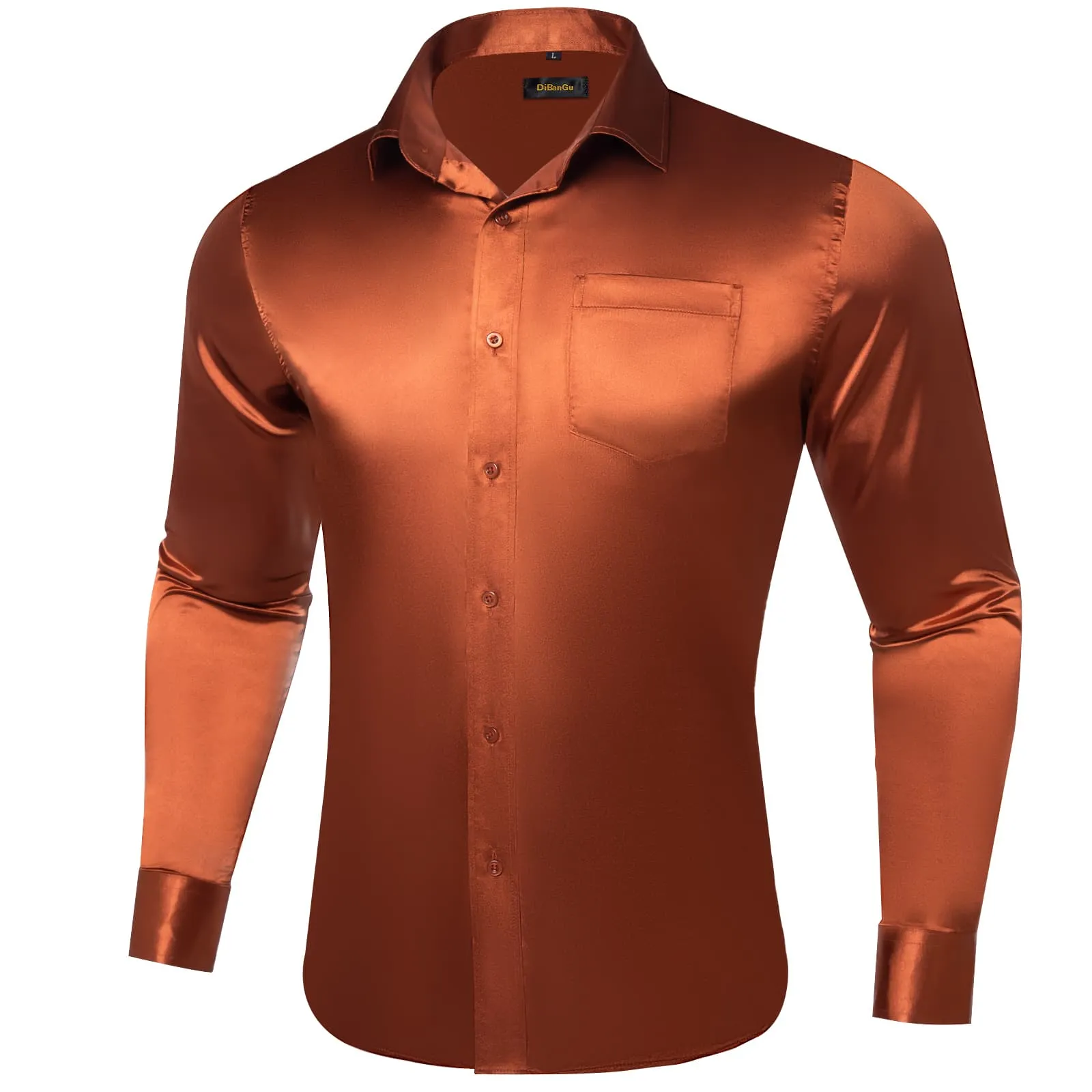 DiBanGu Long Sleeve Shirt Burnt Orange Solid Satin Mens Dress Shirt