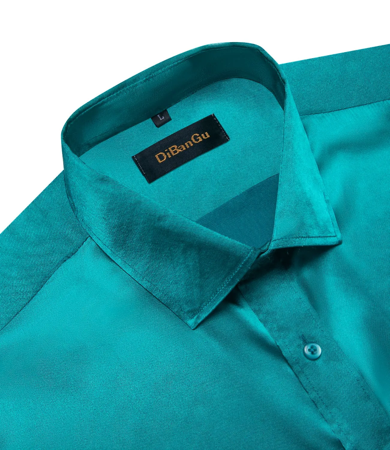 DiBanGu Long Sleeve Shirt Dark Cyan Solid Silk Satin Mens Dress Shirt