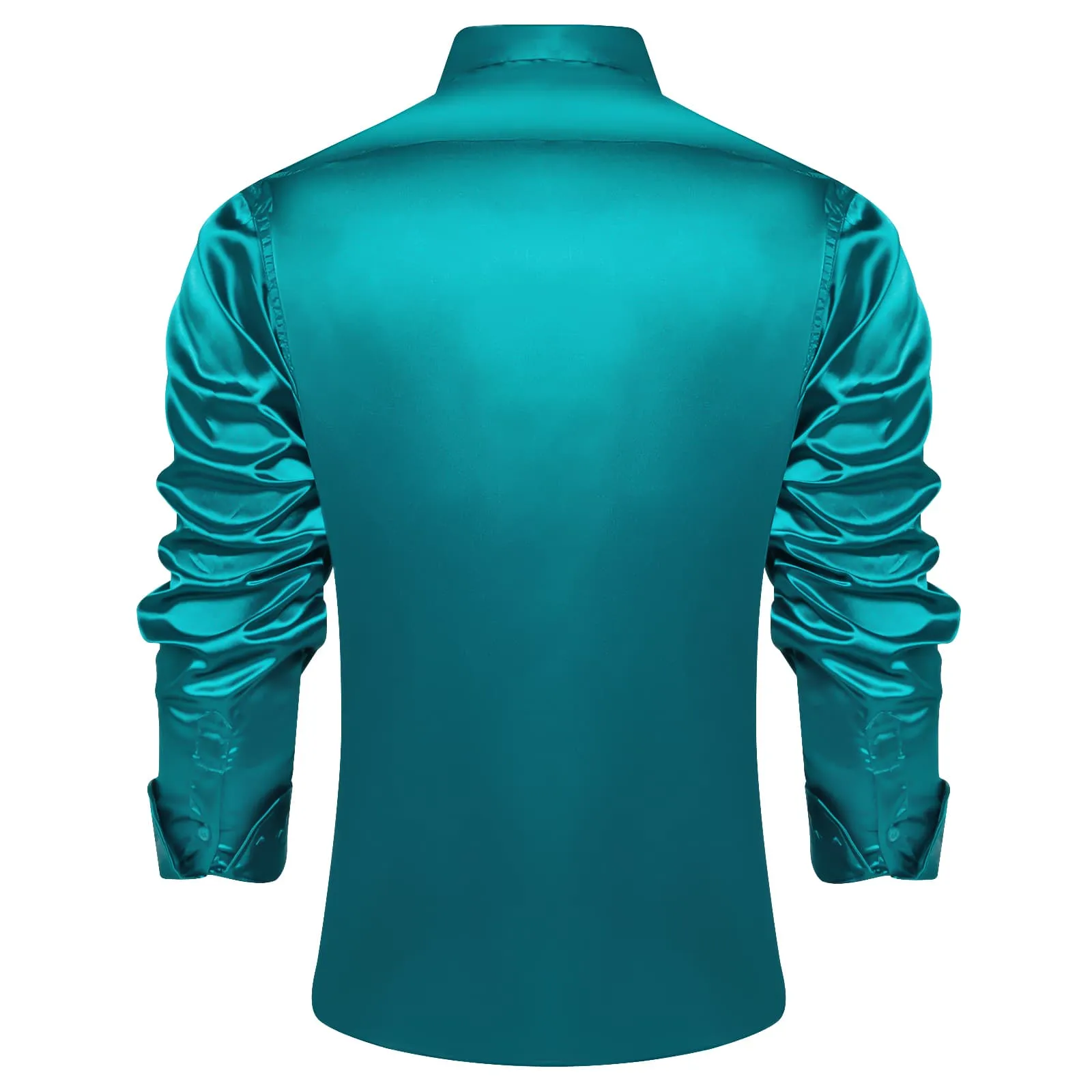 DiBanGu Long Sleeve Shirt Dark Cyan Solid Silk Satin Mens Dress Shirt