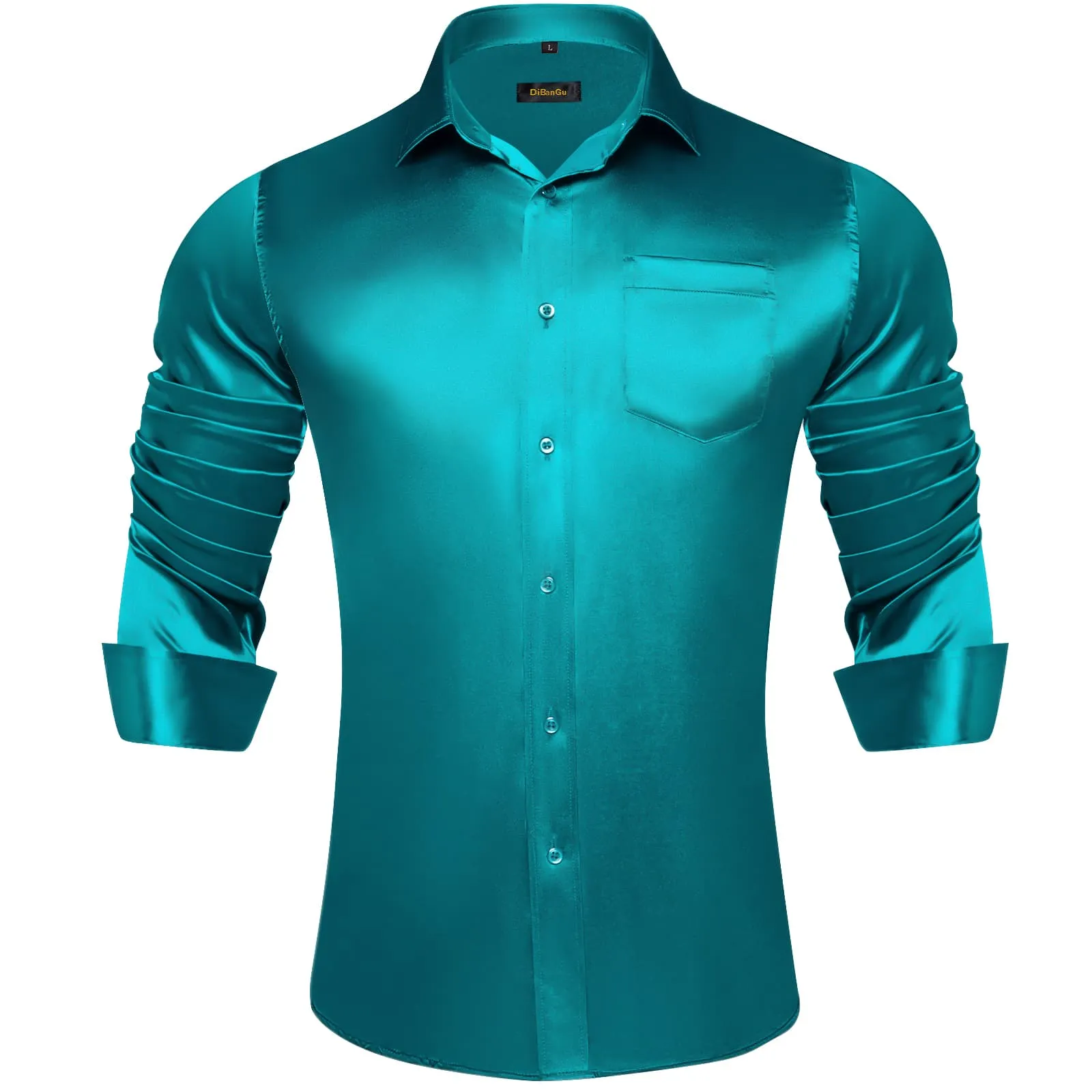 DiBanGu Long Sleeve Shirt Dark Cyan Solid Silk Satin Mens Dress Shirt