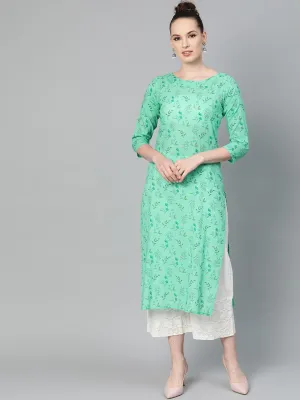 Fern Green Floral Printed Straight Kurta With Round Neck & 3/4 Sleeves