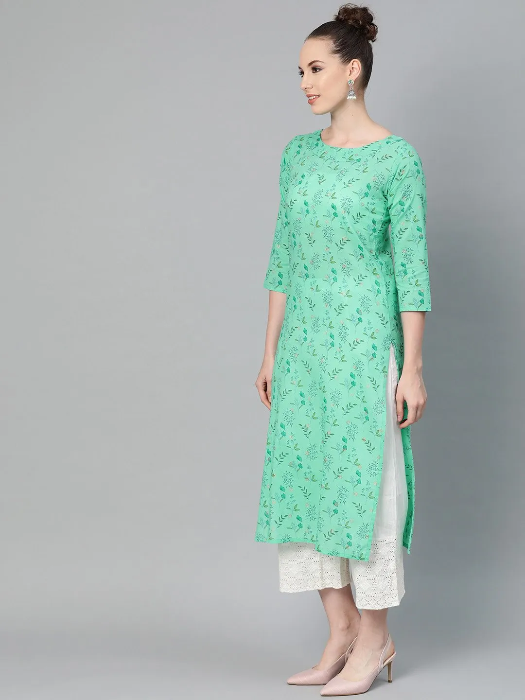 Fern Green Floral Printed Straight Kurta With Round Neck & 3/4 Sleeves