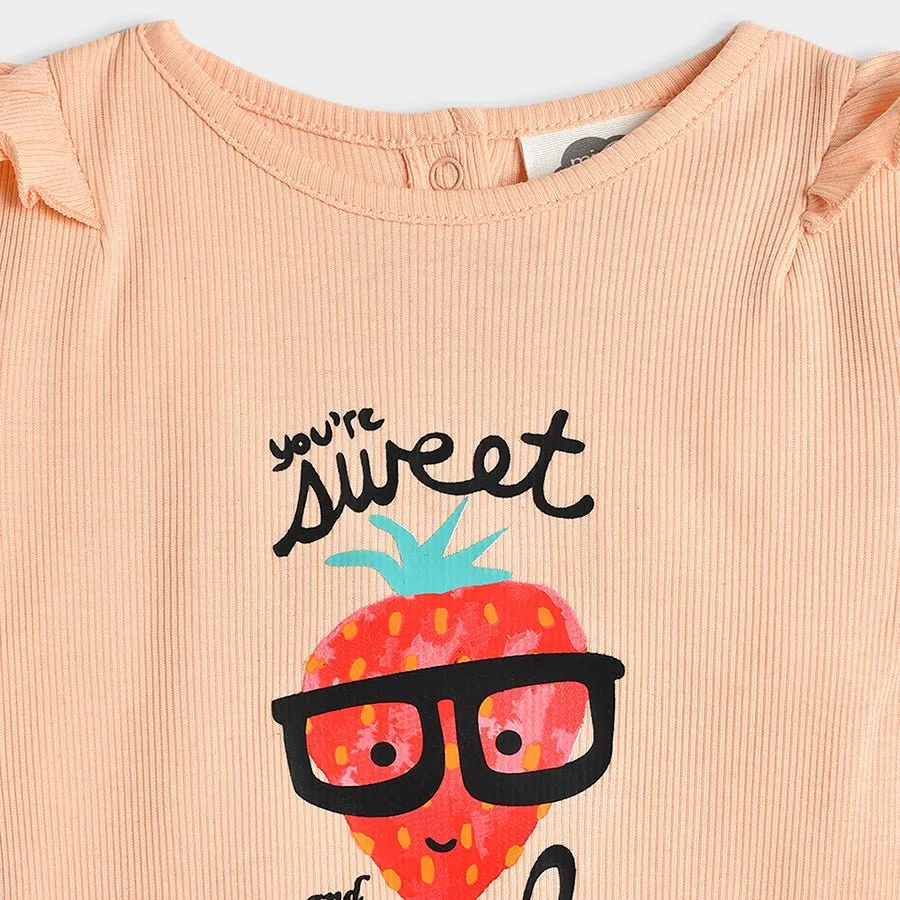 Fruits Strawberry Printed Peach Top & Pajama Set