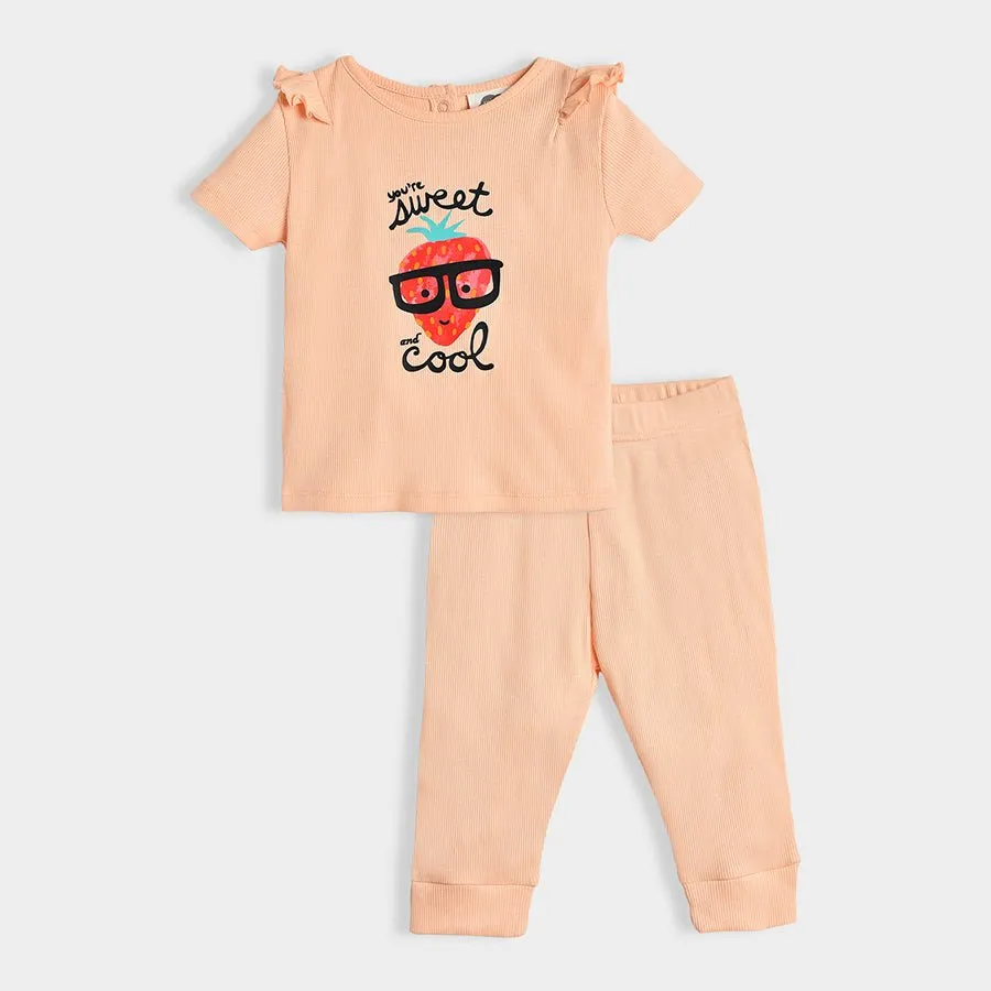 Fruits Strawberry Printed Peach Top & Pajama Set