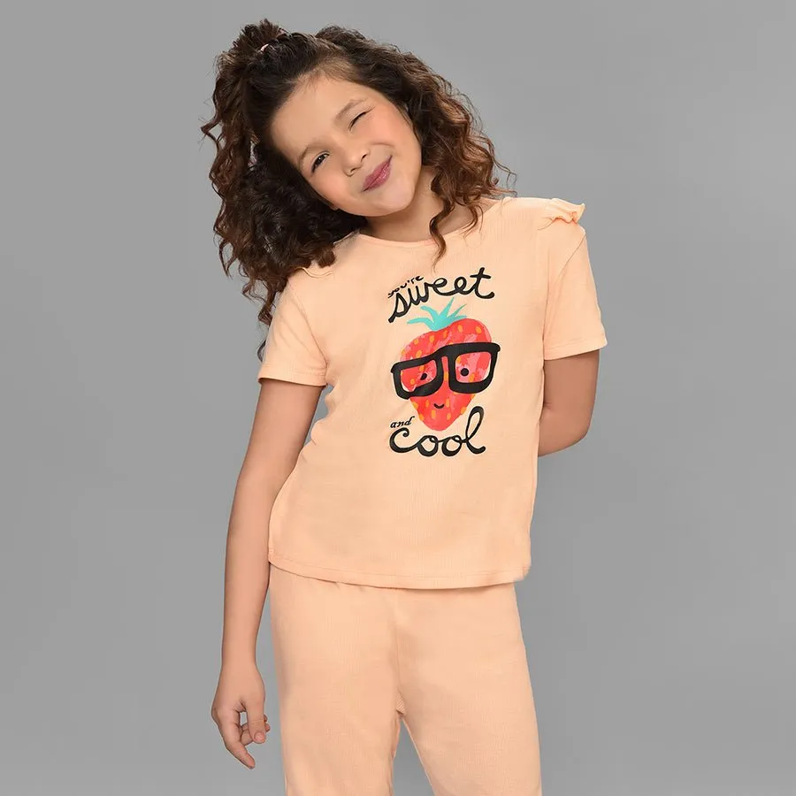 Fruits Strawberry Printed Peach Top & Pajama Set