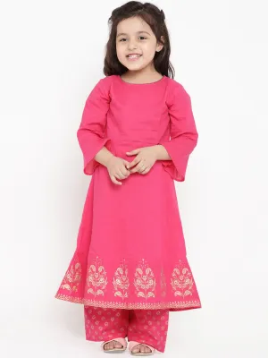 Girls Pink Printed Detail Kurti With Pyjamas