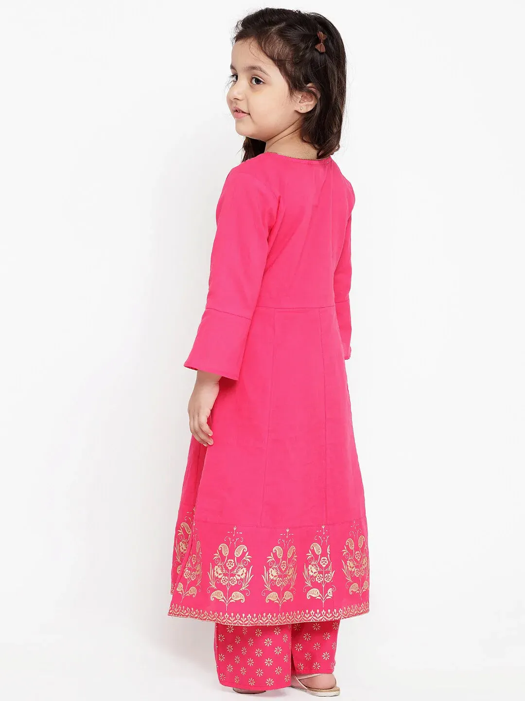 Girls Pink Printed Detail Kurti With Pyjamas