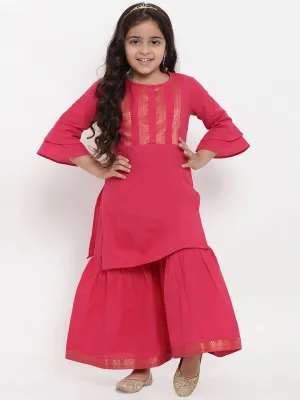 Girls Pink Self Design Kurta With Palazzos