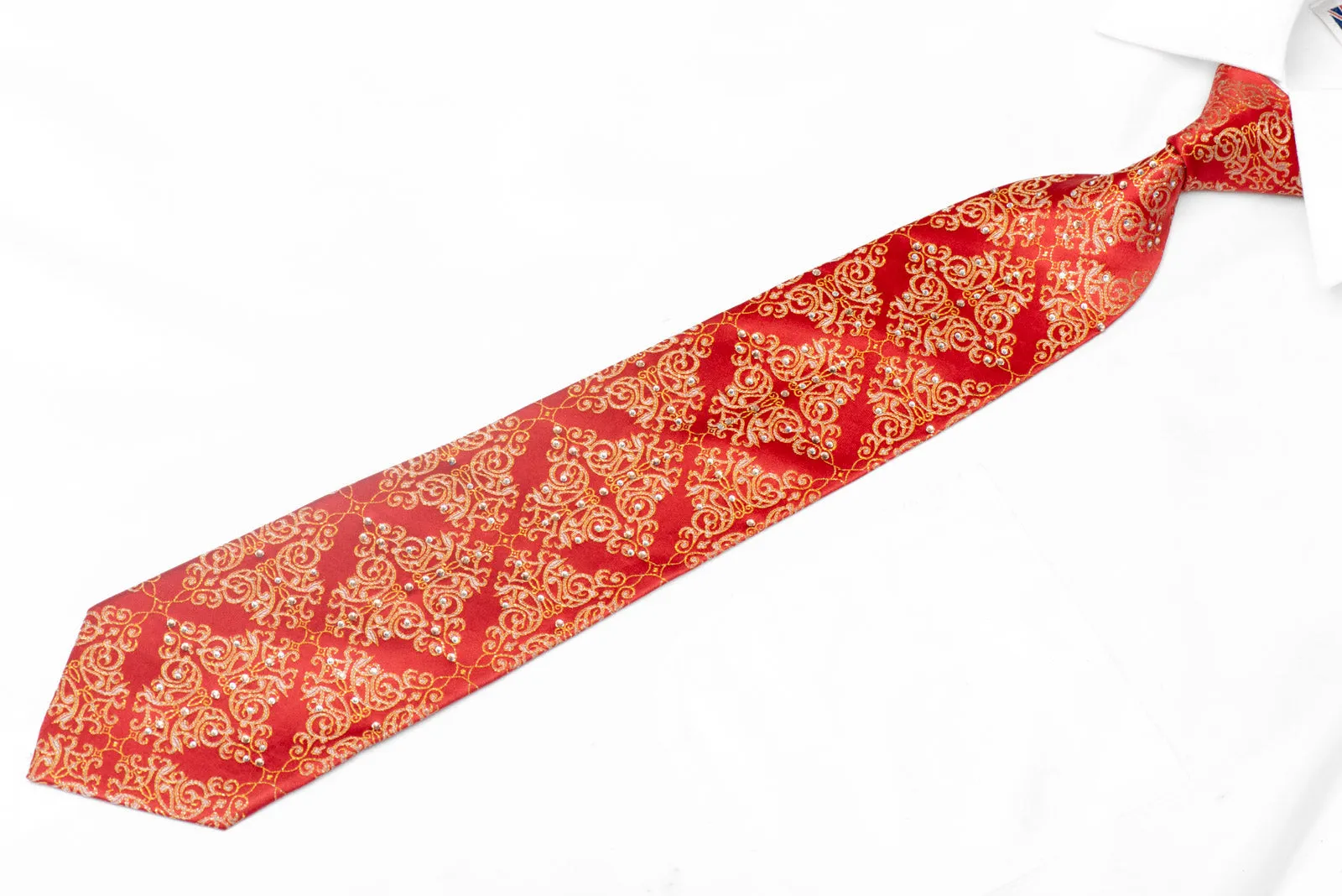 Gold Damask On Red Rhinestone Silk Necktie With Silver Sparkles