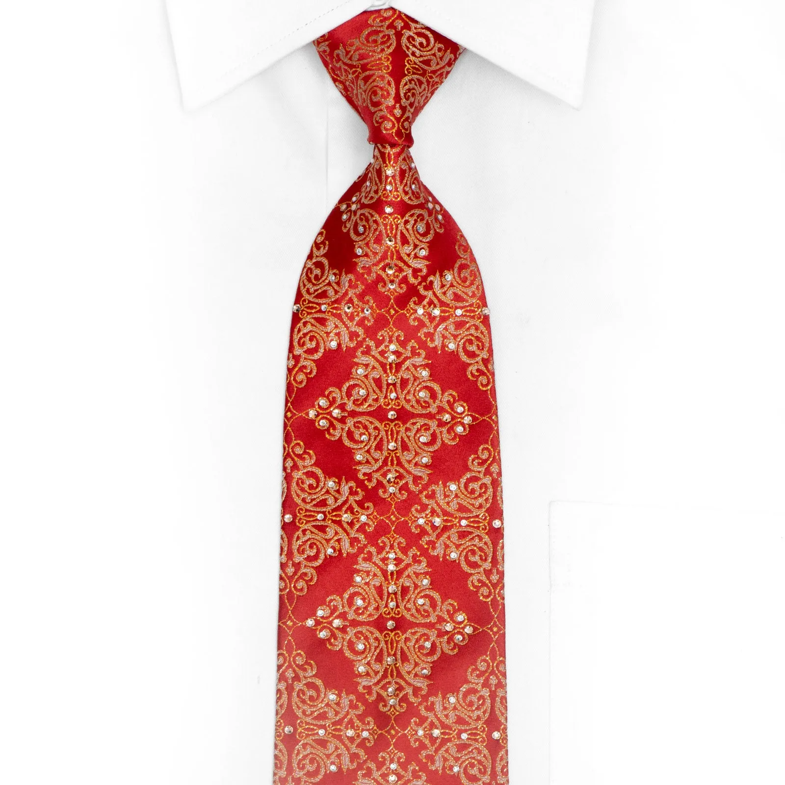 Gold Damask On Red Rhinestone Silk Necktie With Silver Sparkles