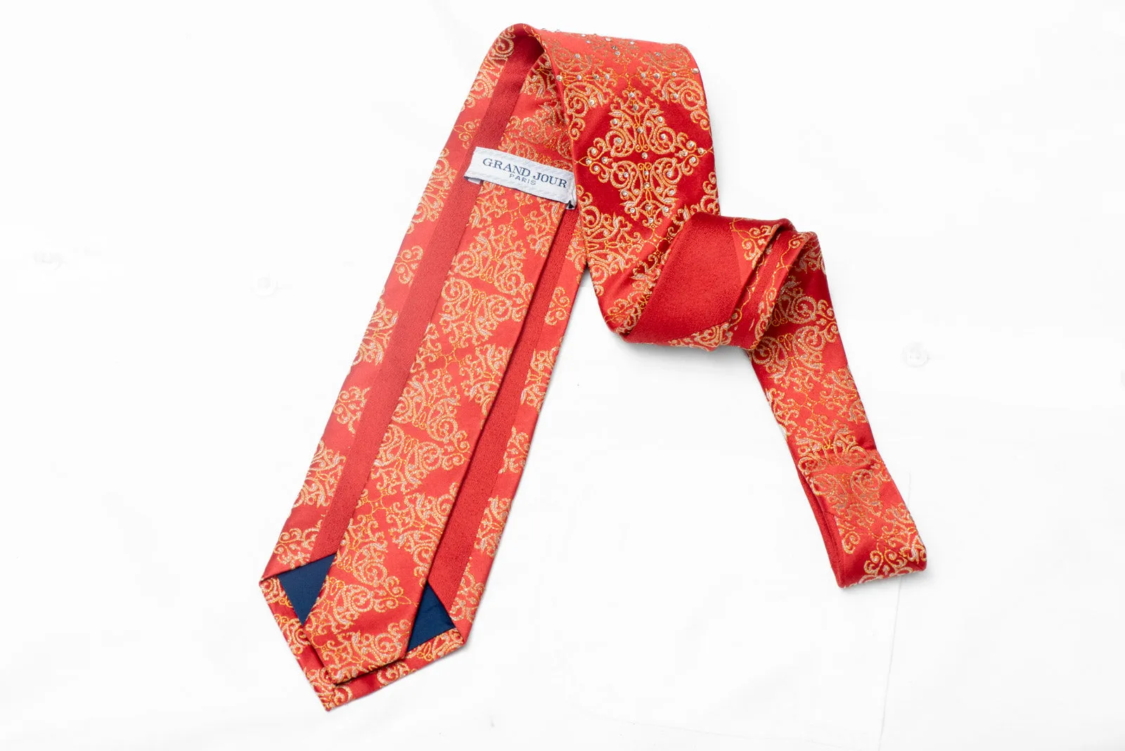 Gold Damask On Red Rhinestone Silk Necktie With Silver Sparkles