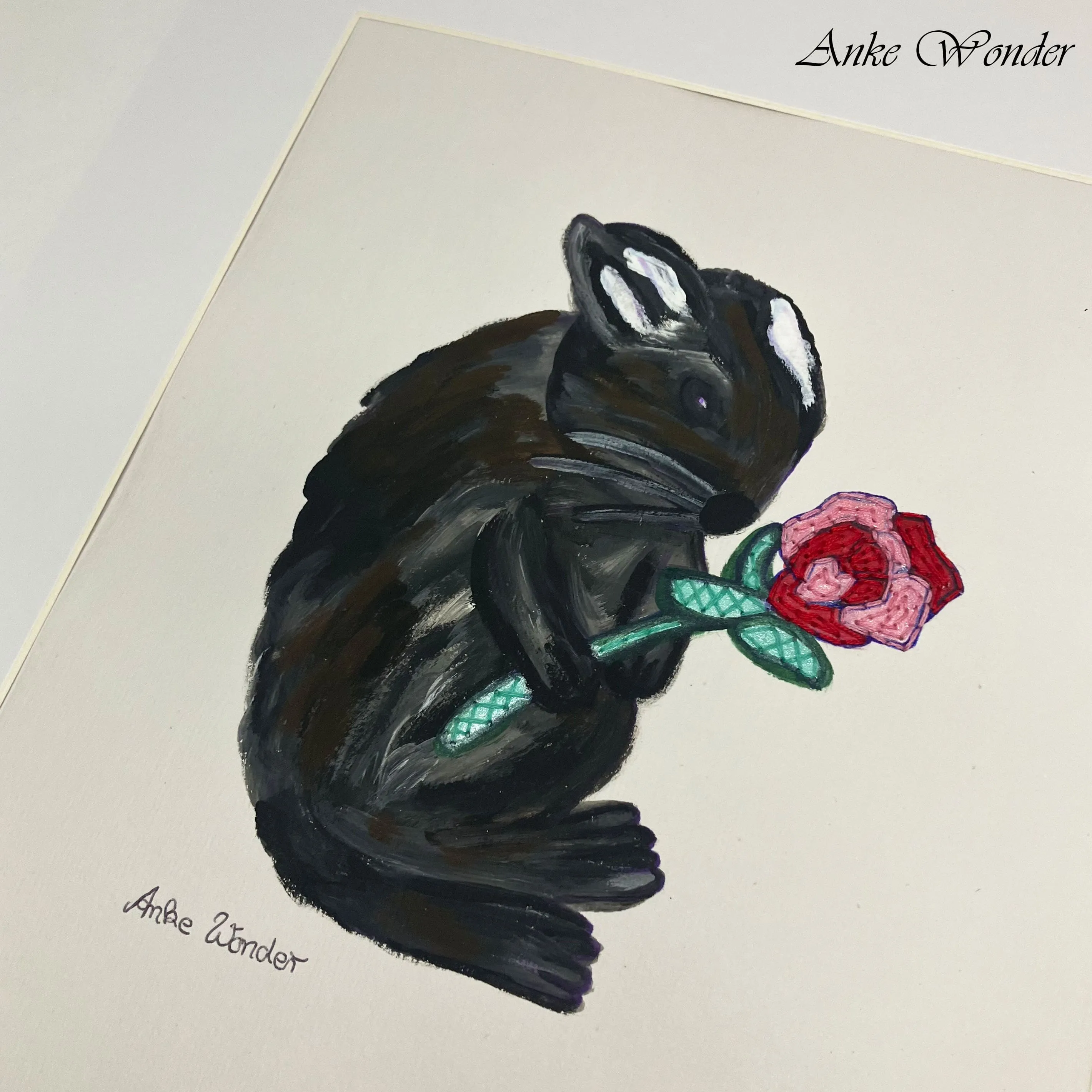 Hand-Embroidered Rabbit with Rose Painting - Original