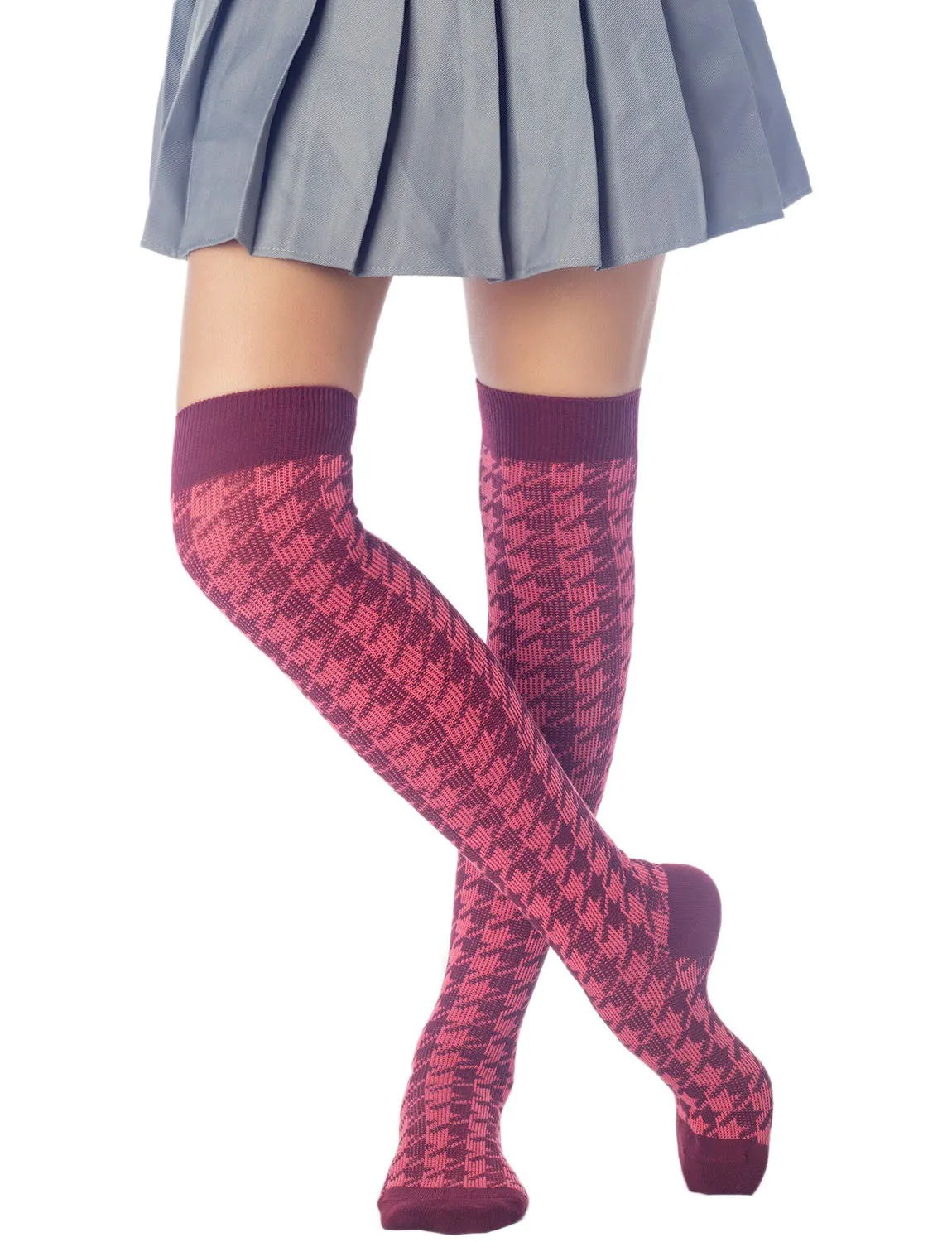 iB-iP Women's Houndstooth Pattern Stylish Solid Color Hold-up Thigh High Long Socks