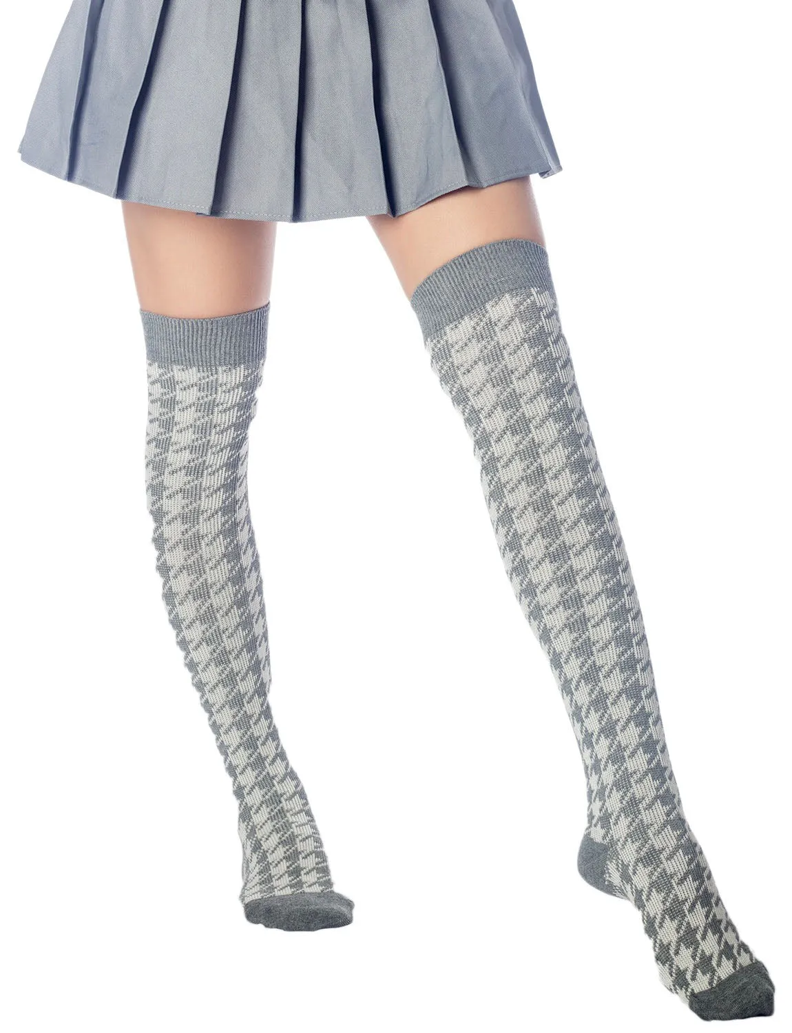 iB-iP Women's Houndstooth Pattern Stylish Solid Color Hold-up Thigh High Long Socks