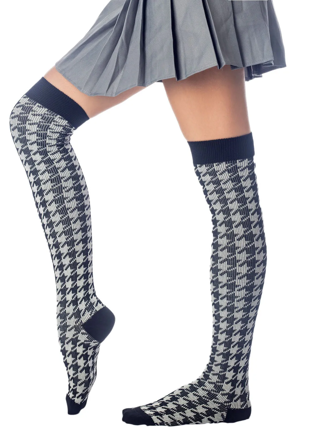 iB-iP Women's Houndstooth Pattern Stylish Solid Color Hold-up Thigh High Long Socks