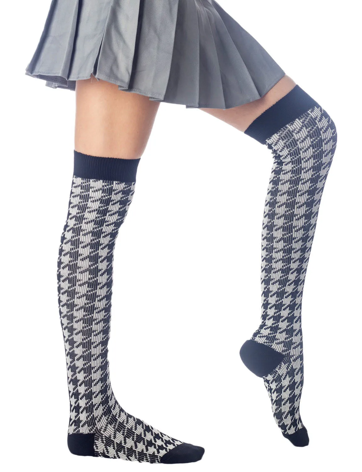 iB-iP Women's Houndstooth Pattern Stylish Solid Color Hold-up Thigh High Long Socks