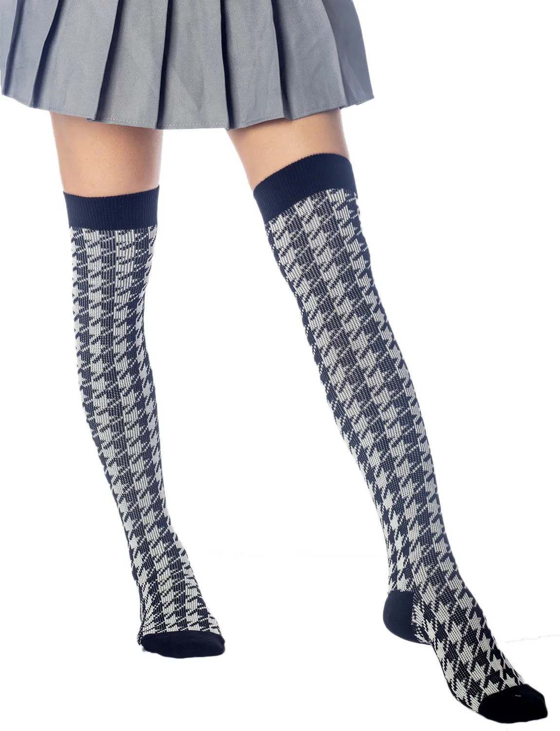 iB-iP Women's Houndstooth Pattern Stylish Solid Color Hold-up Thigh High Long Socks